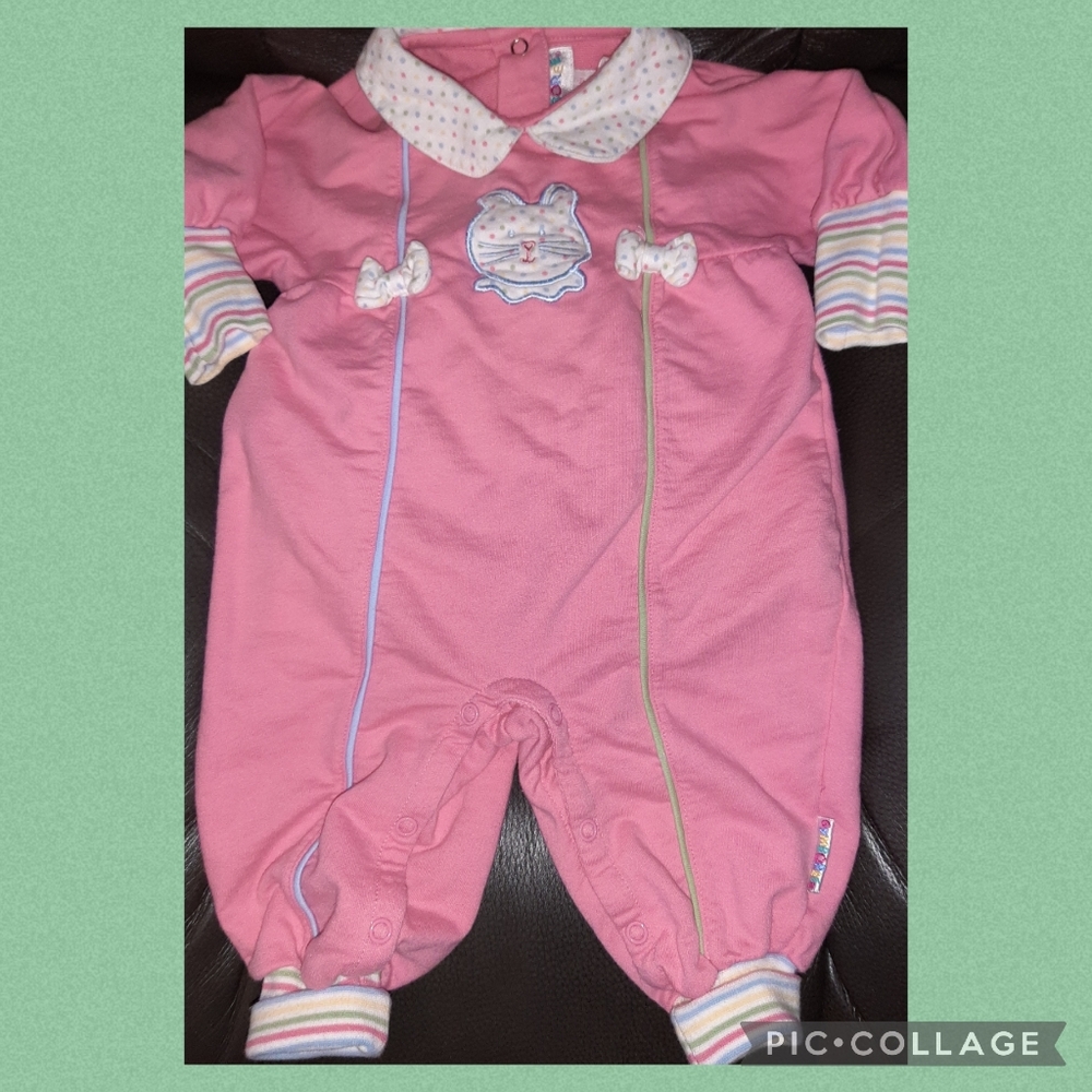 🐱 Vintage Gymboree Fluffy Pets Kitty Pink Romper Outfit W/ Grow Cuffs 3-6 Month